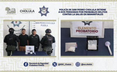 Polic&iacute;a de San Pedro Cholula detiene a dos personas por probables delitos contra la salud en Manantiales
