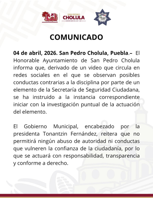 Ayuntamiento de San Pedro Cholula inicia investigaci&oacute;n por presunta conducta indebida de elemento de seguridad