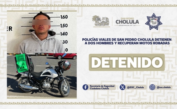 POLICÍAS VIALES DE SAN PEDRO CHOLULA     DETIENEN A DOS HOMBRES Y RECUPERAN MOTOS ROBADAS